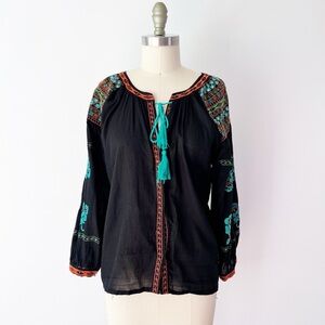 Boho Black Blouse with Colorful Embroidery Tassel Neckline Teal